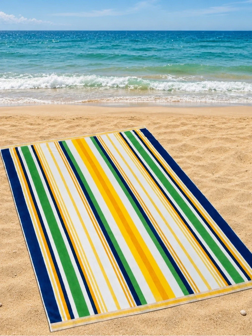 Huge 100% Cotton Striped Beach Towels in Navy, Green, Yellow & White 2 pk 40x72